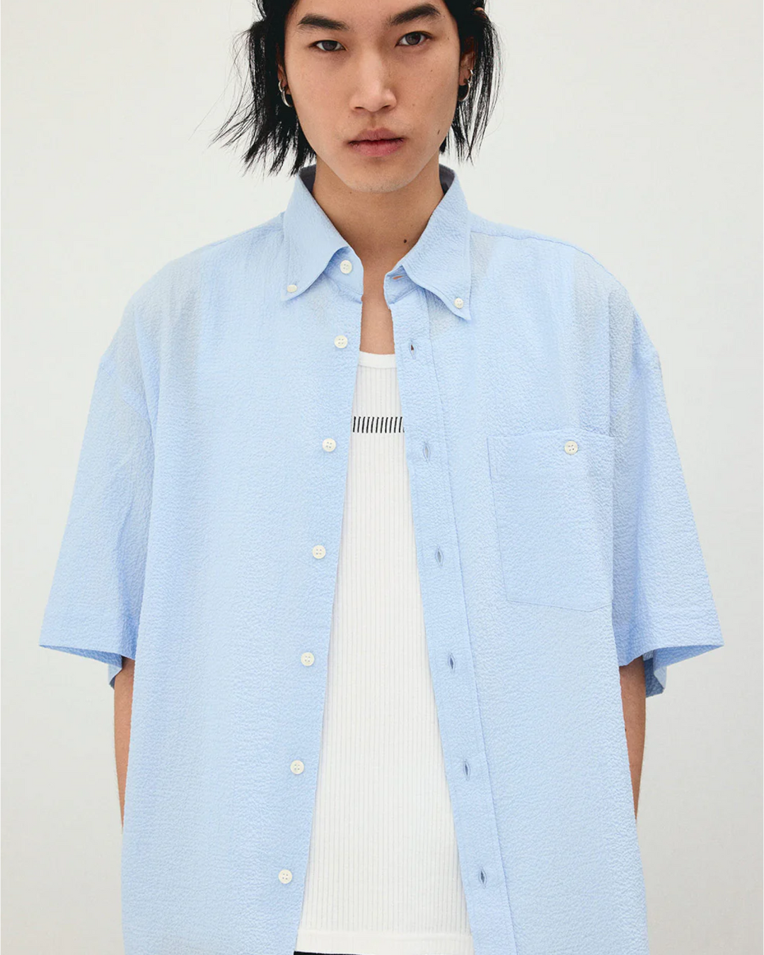 Short Sleeve Baggy Shirt Seersucker Sky Blue