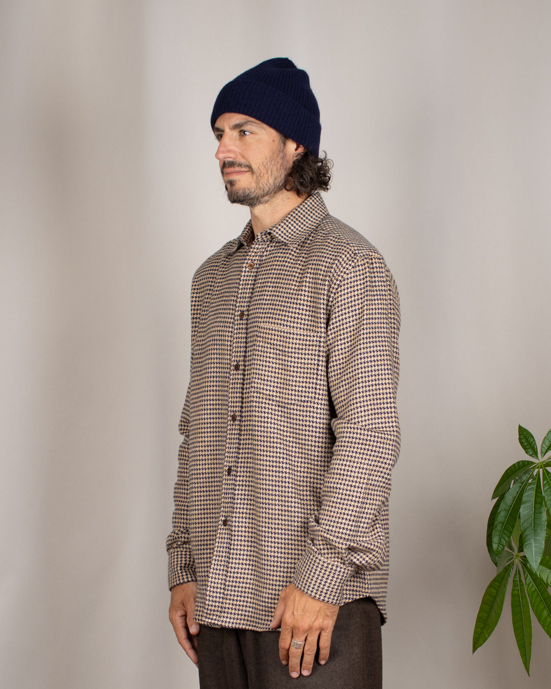 Abstract Pied Poule Flannel Shirt Navy