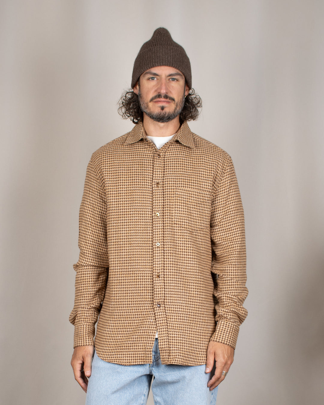 Abstract Pied Poule Flannel Shirt Brown