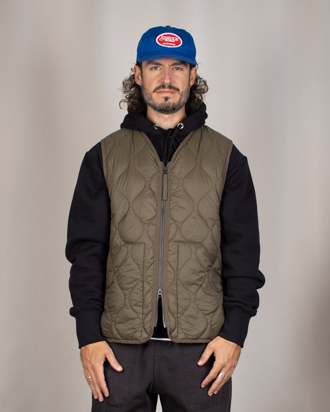 Military V Neck W-Zip Down Vest Dark Olive