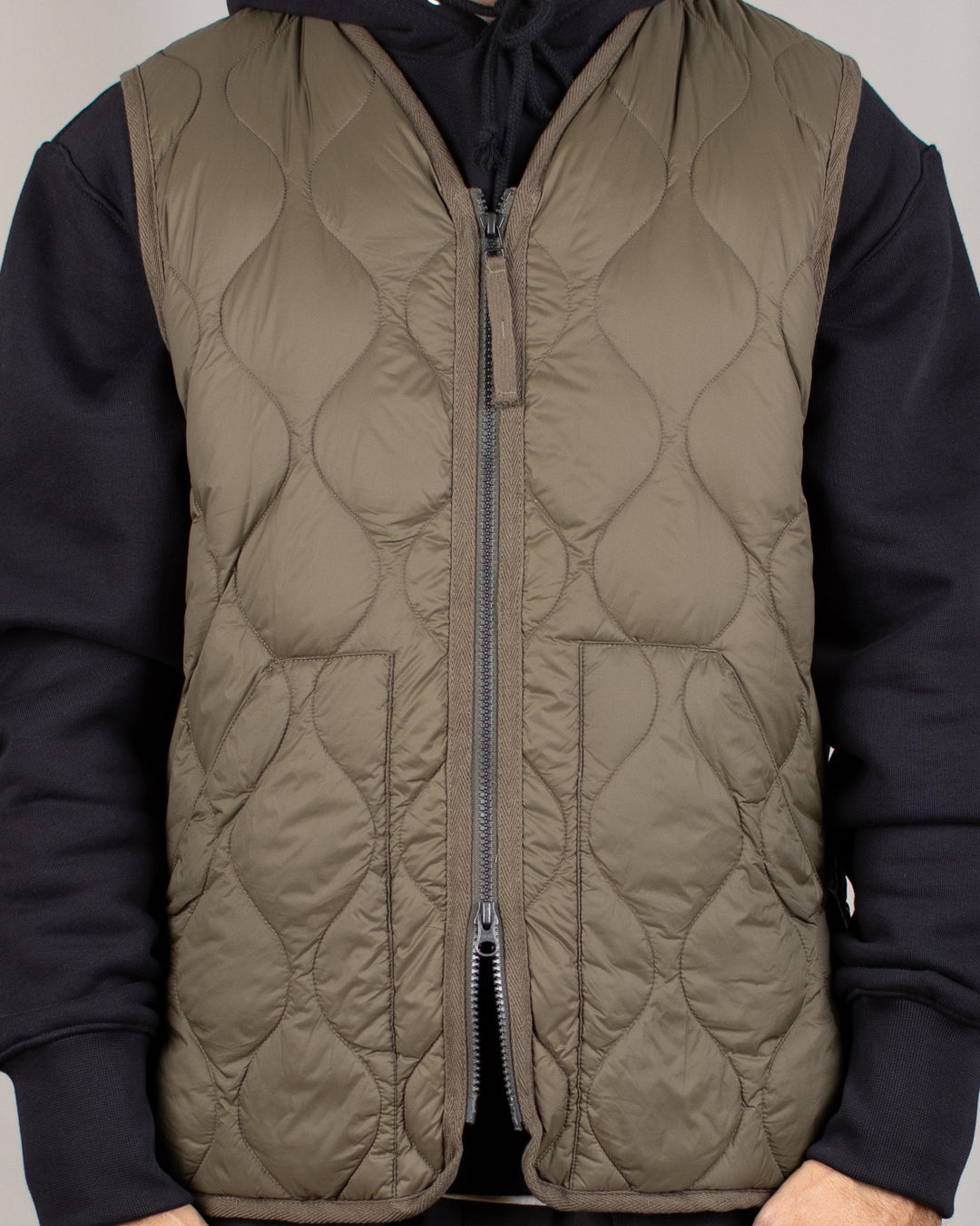 Military V Neck W-Zip Down Vest Dark Olive