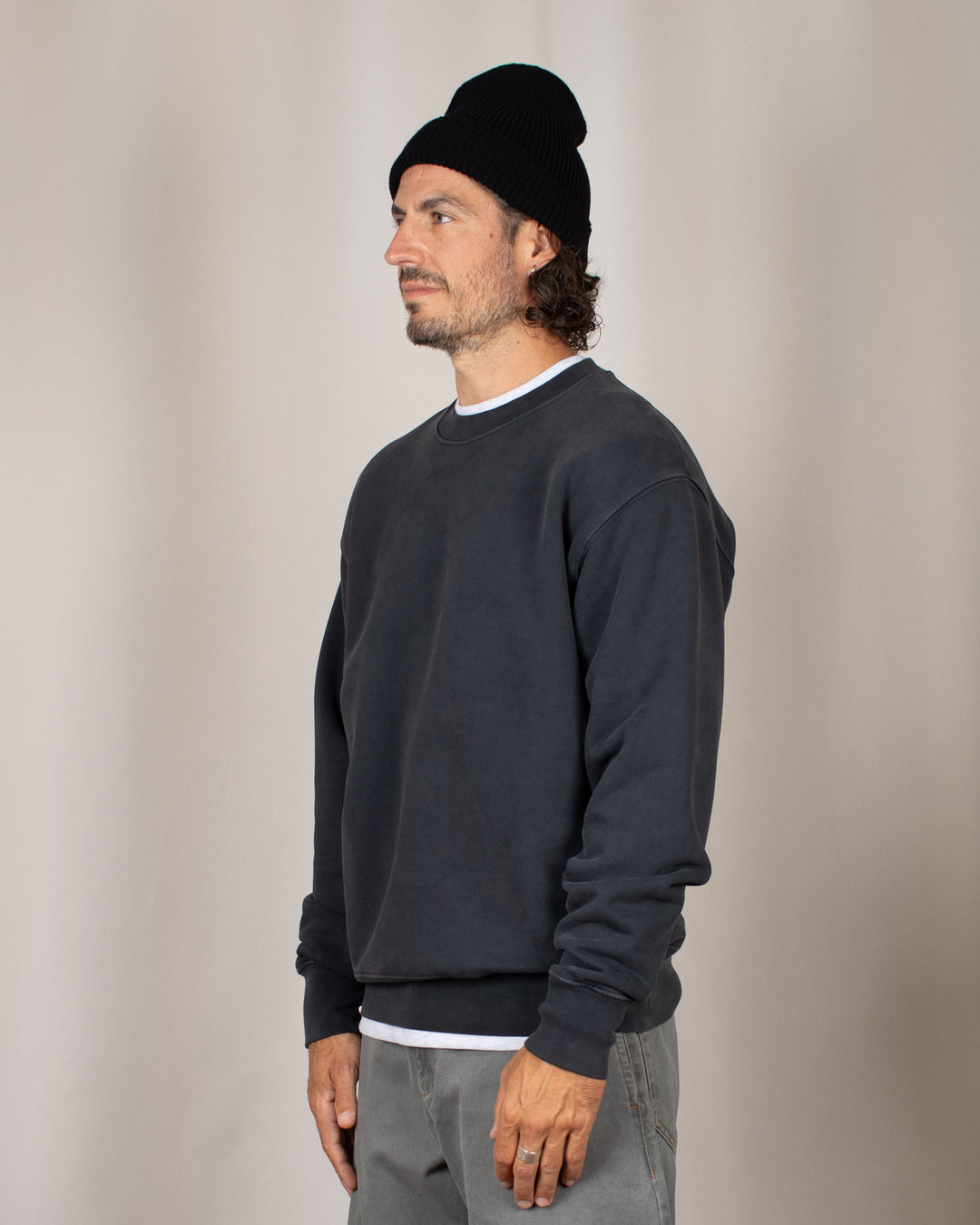 Relaxed Loopback Crewneck Black Washed