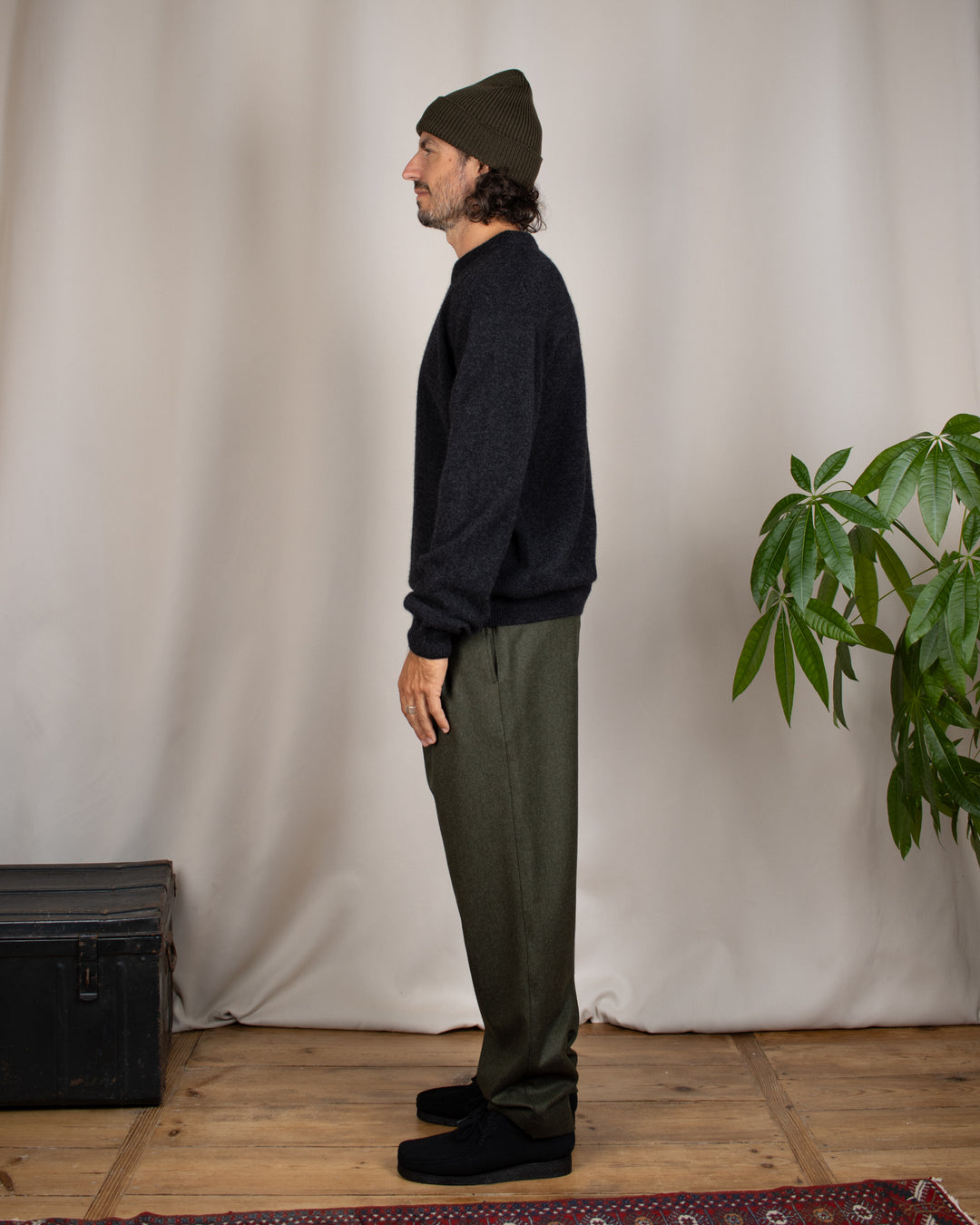Double Pleats Flannel Pants Olive Mel