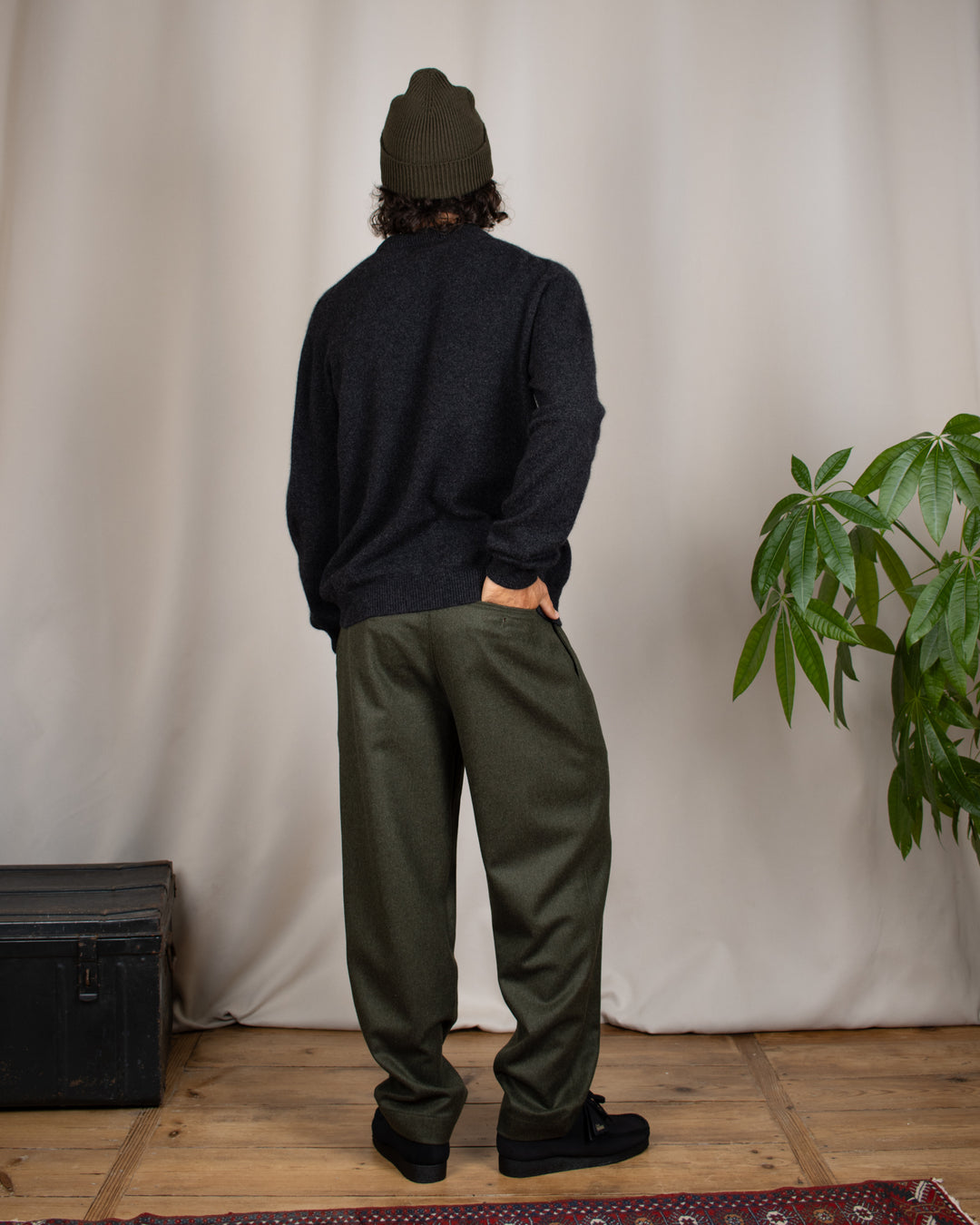Double Pleats Flannel Pants Olive Mel