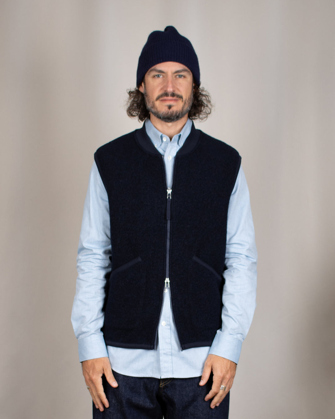 Zip Waistcoat Wool Fleece Navy