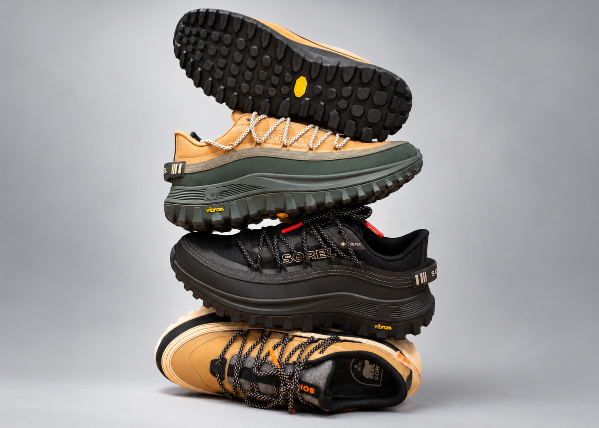 Chaussures Sorel Callsign superposées, avec vues de profil, du dessus et d’une semelle Vibram