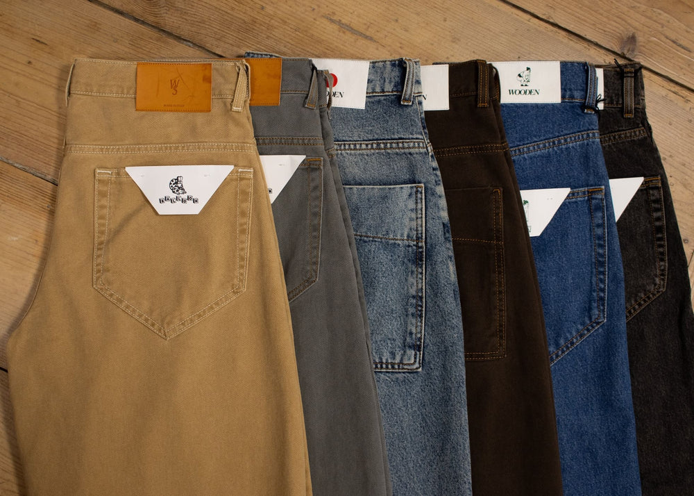 Sélection de jeans Wooden : détails des poches arrière et des différents coloris.