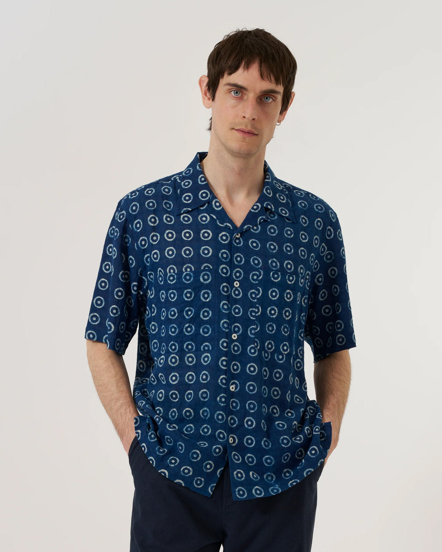 Camper Shirt Block Print Circles Indigo