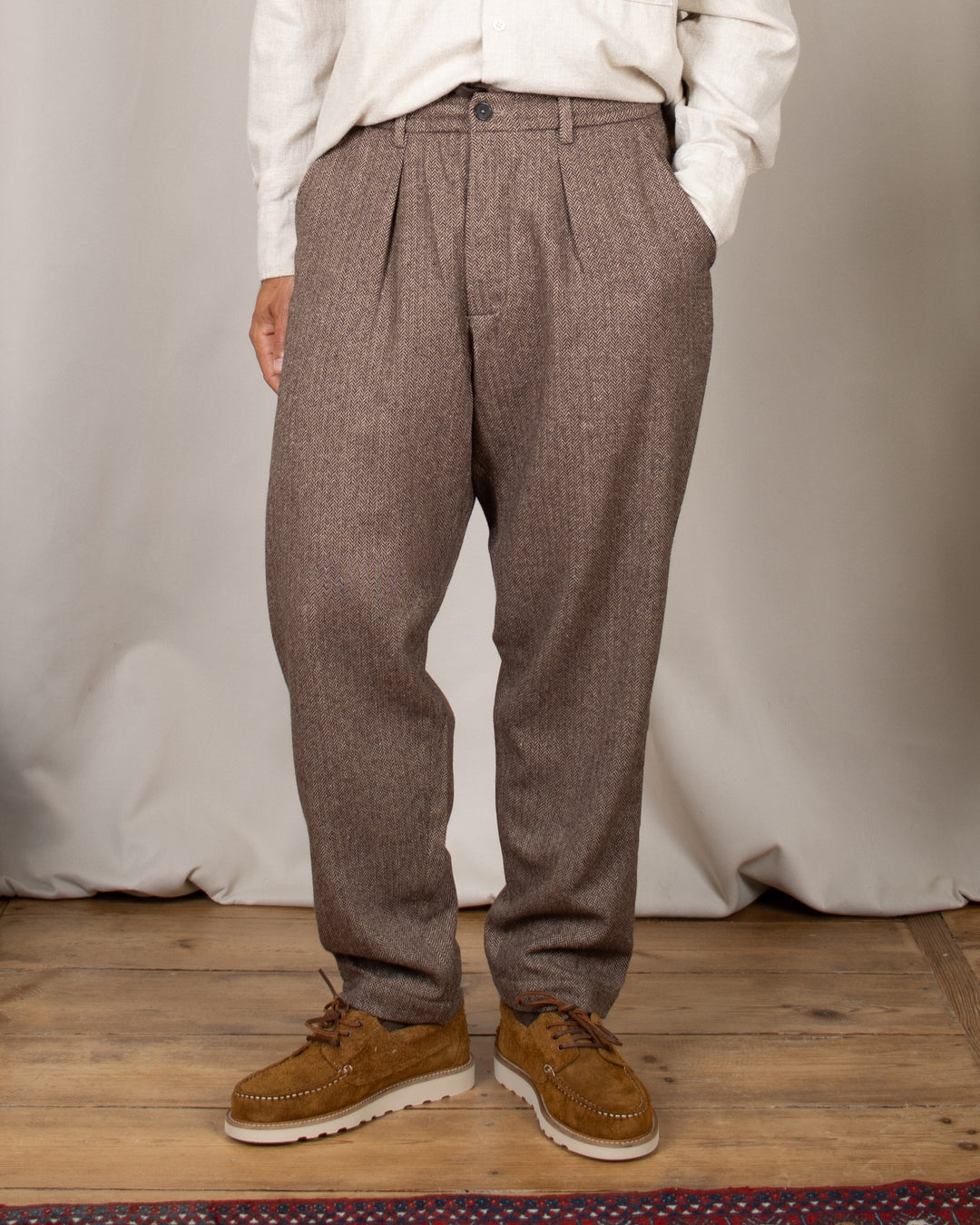 Pleated Track Pant Wool Herringbone Brown