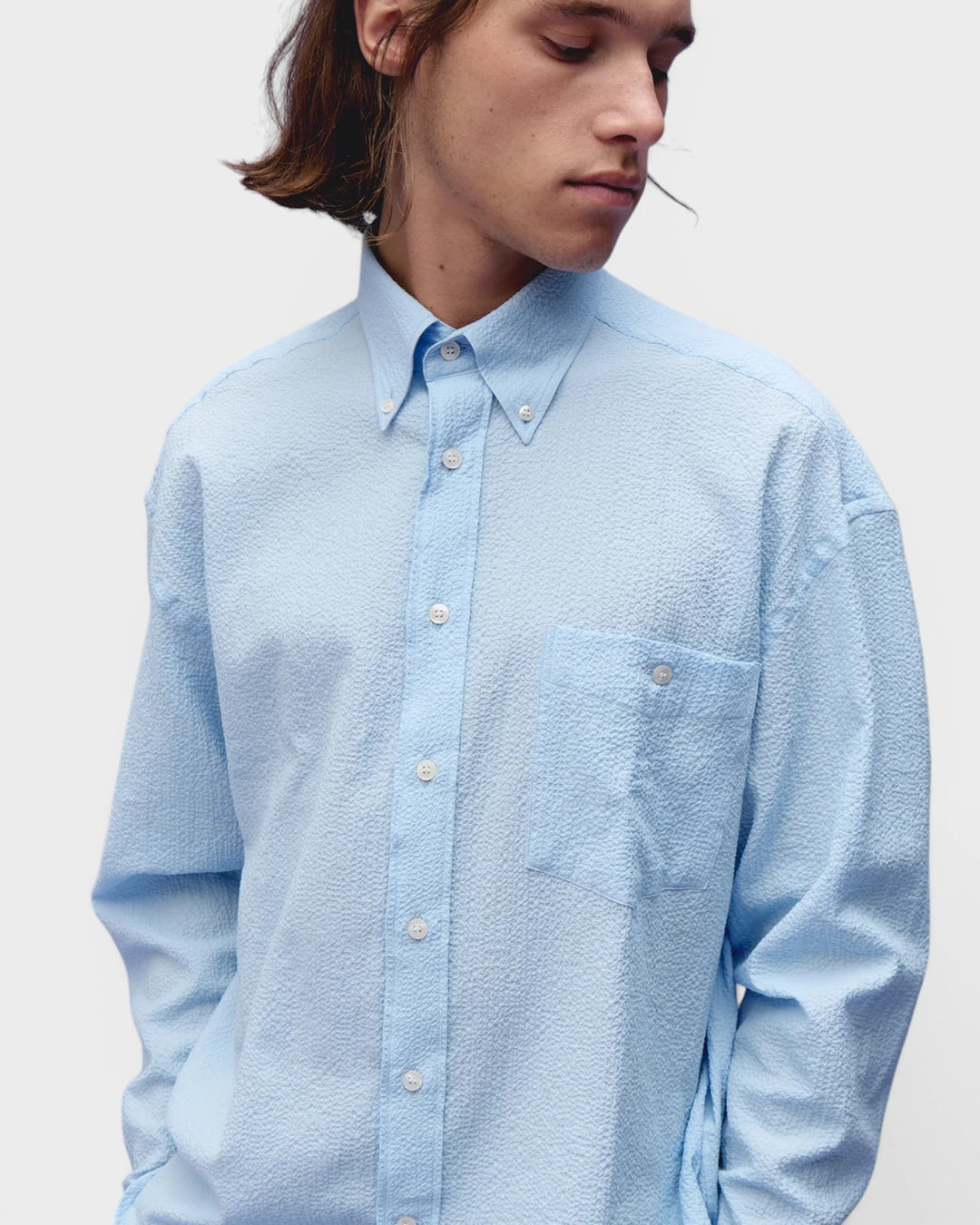 Long Sleeve Baggy Shirt Seersucker Sky Blue