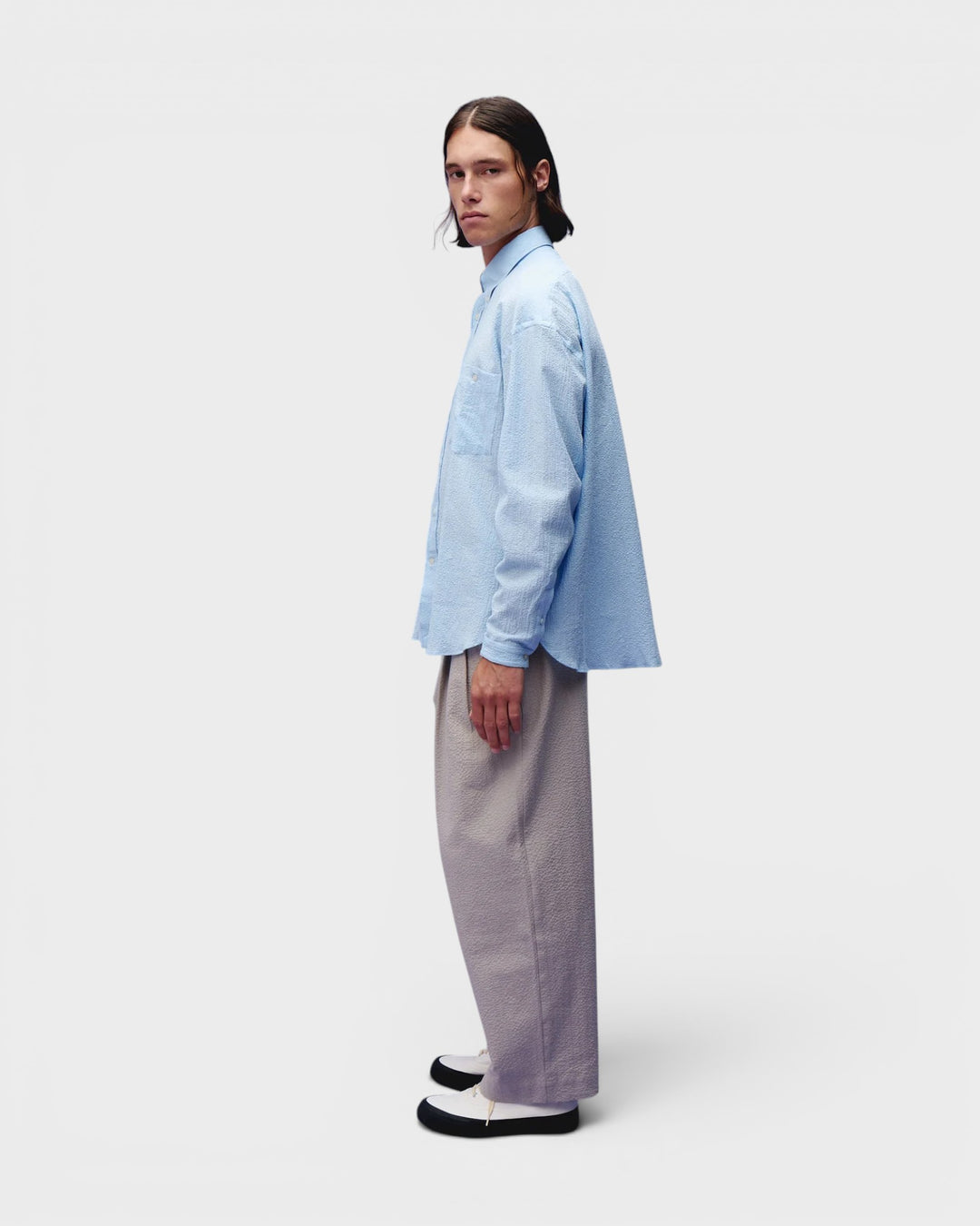 Long Sleeve Baggy Shirt Seersucker Sky Blue