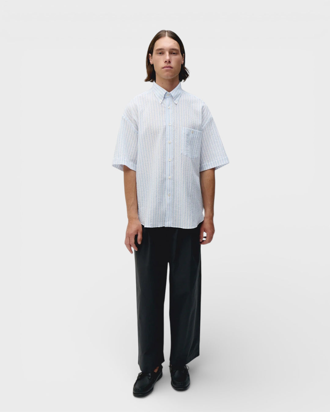 Short Sleeve Baggy Shirt Seersucker Sky Stripes