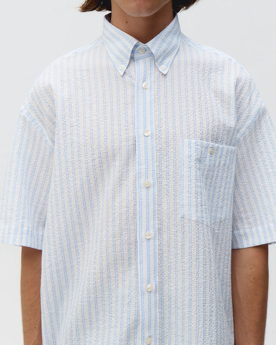 Short Sleeve Baggy Shirt Seersucker Sky Stripes