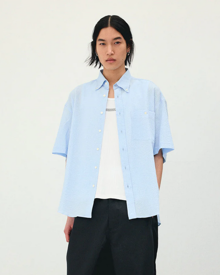 Short Sleeve Baggy Shirt Seersucker Sky Blue