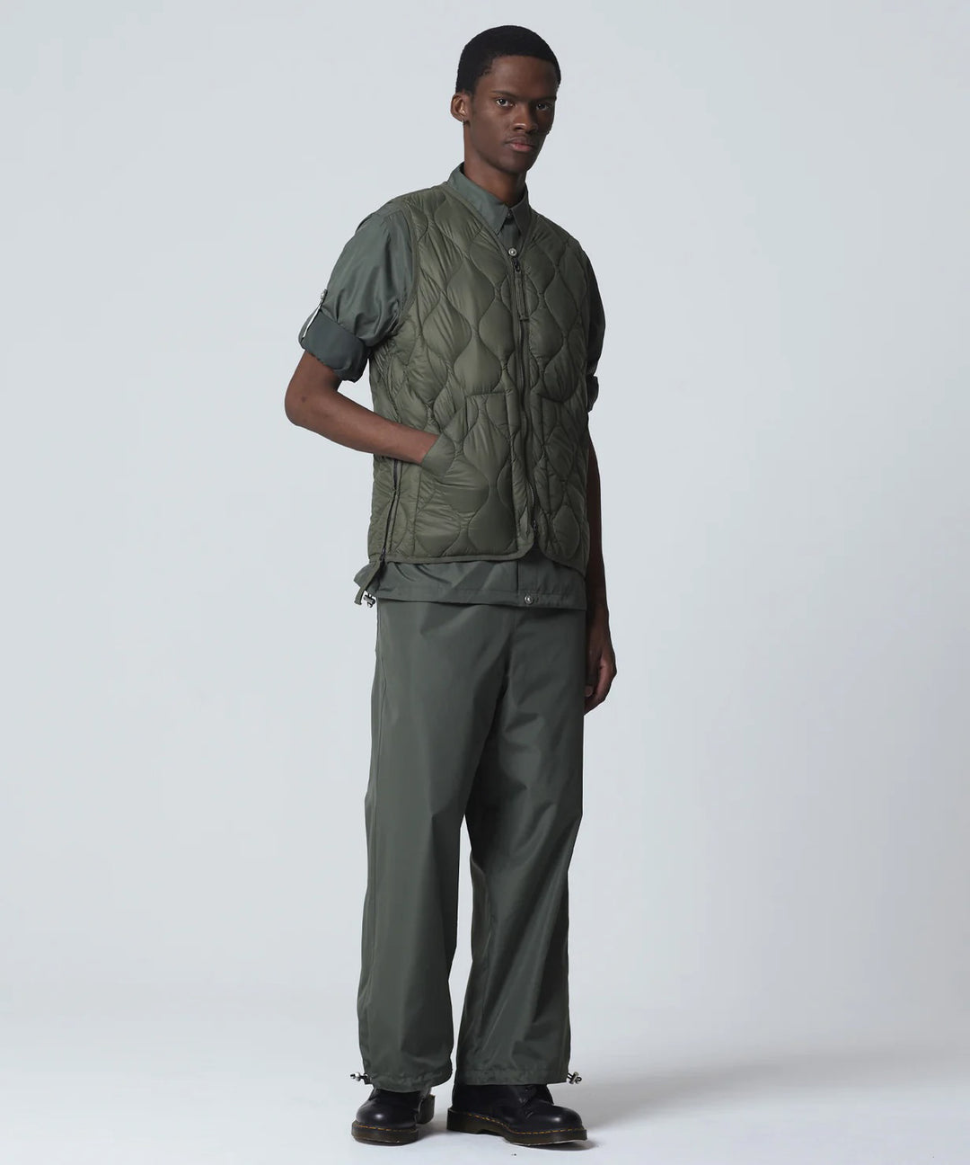 Military V Neck W-Zip Down Vest Dark Olive