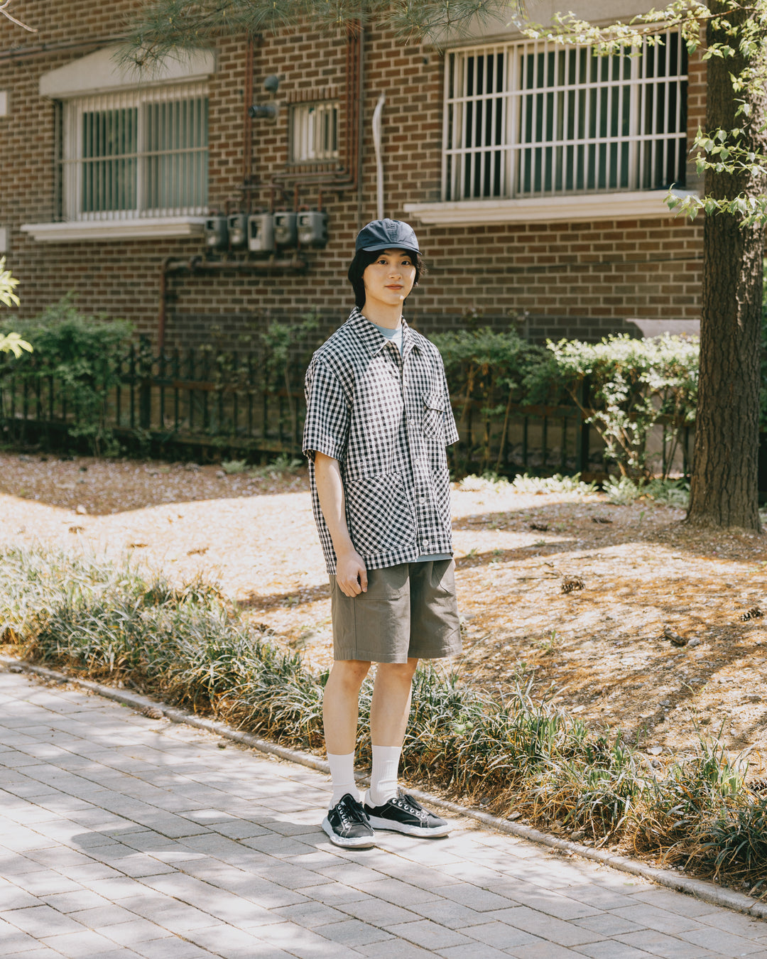 Gingham Check Linen Half Jacket Black