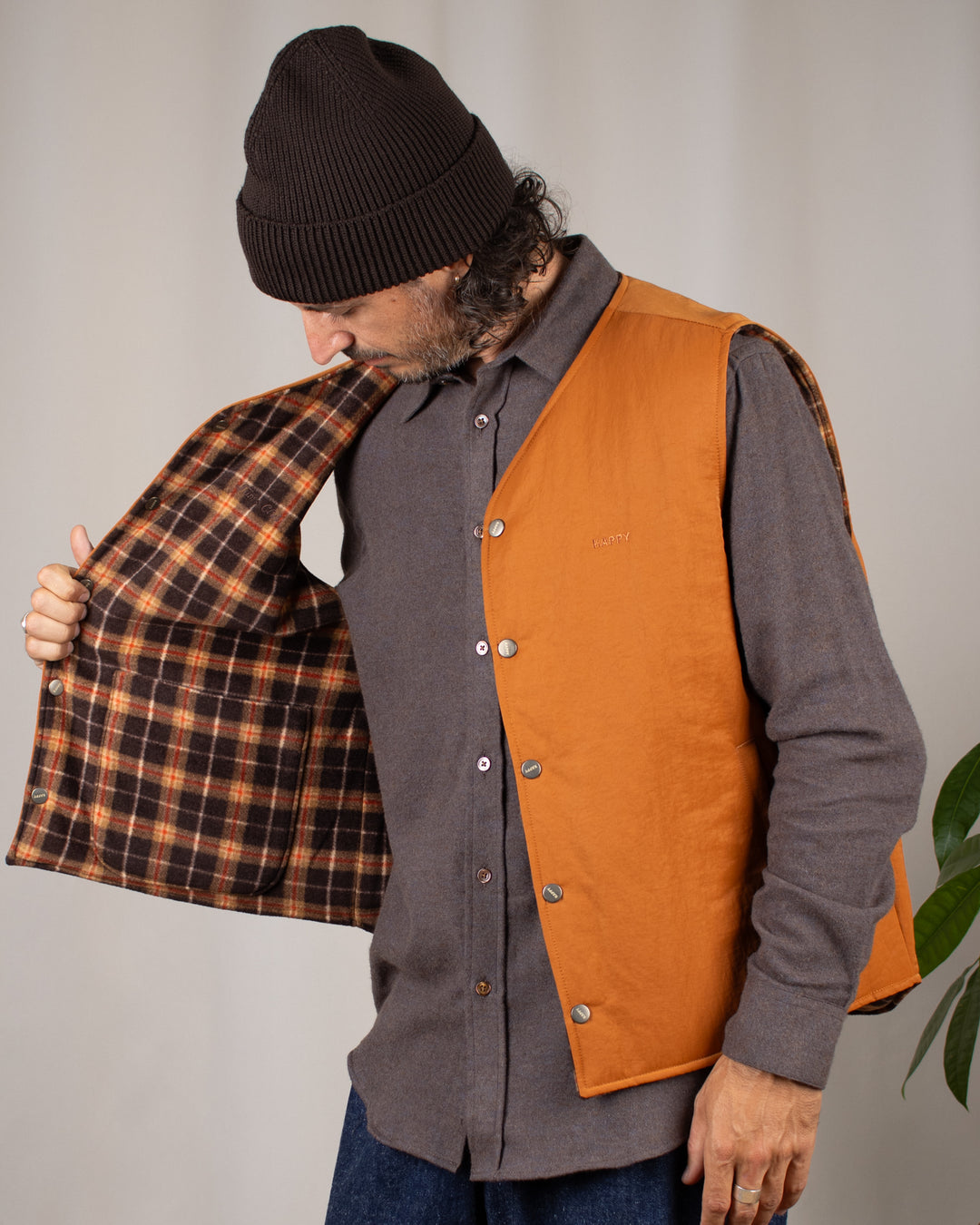 Reversible Nylon Check Vest Orange