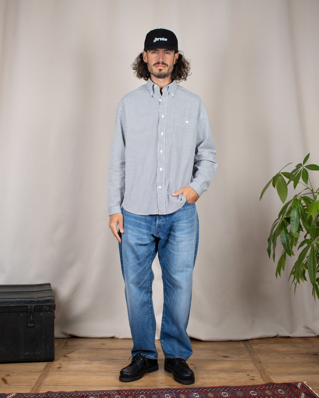 Long Sleeve Baggy Shirt Seersucker Thousand Stripes Black