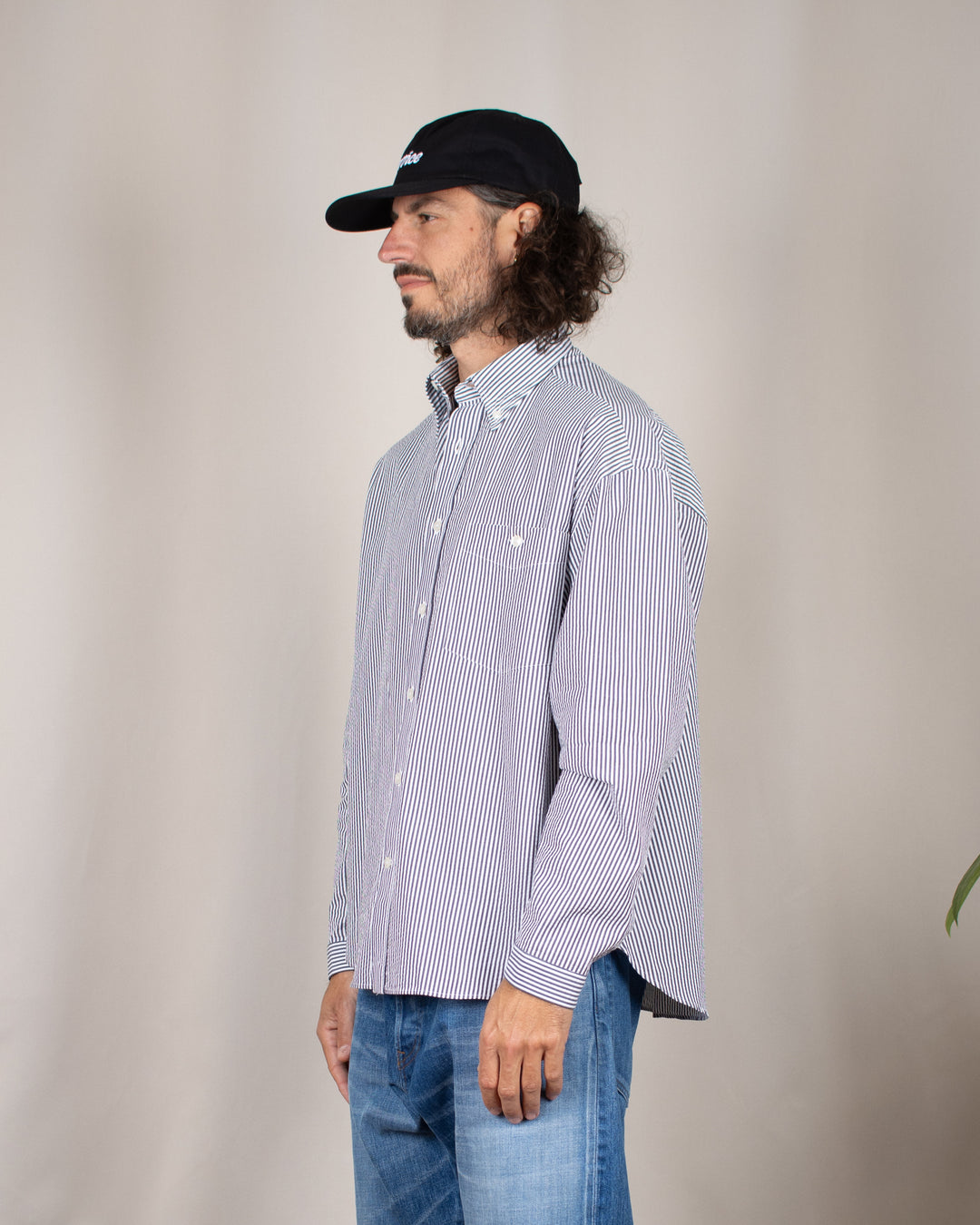 Long Sleeve Baggy Shirt Seersucker Thousand Stripes Black