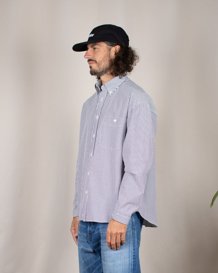 Long Sleeve Baggy Shirt Seersucker Thousand Stripes Black