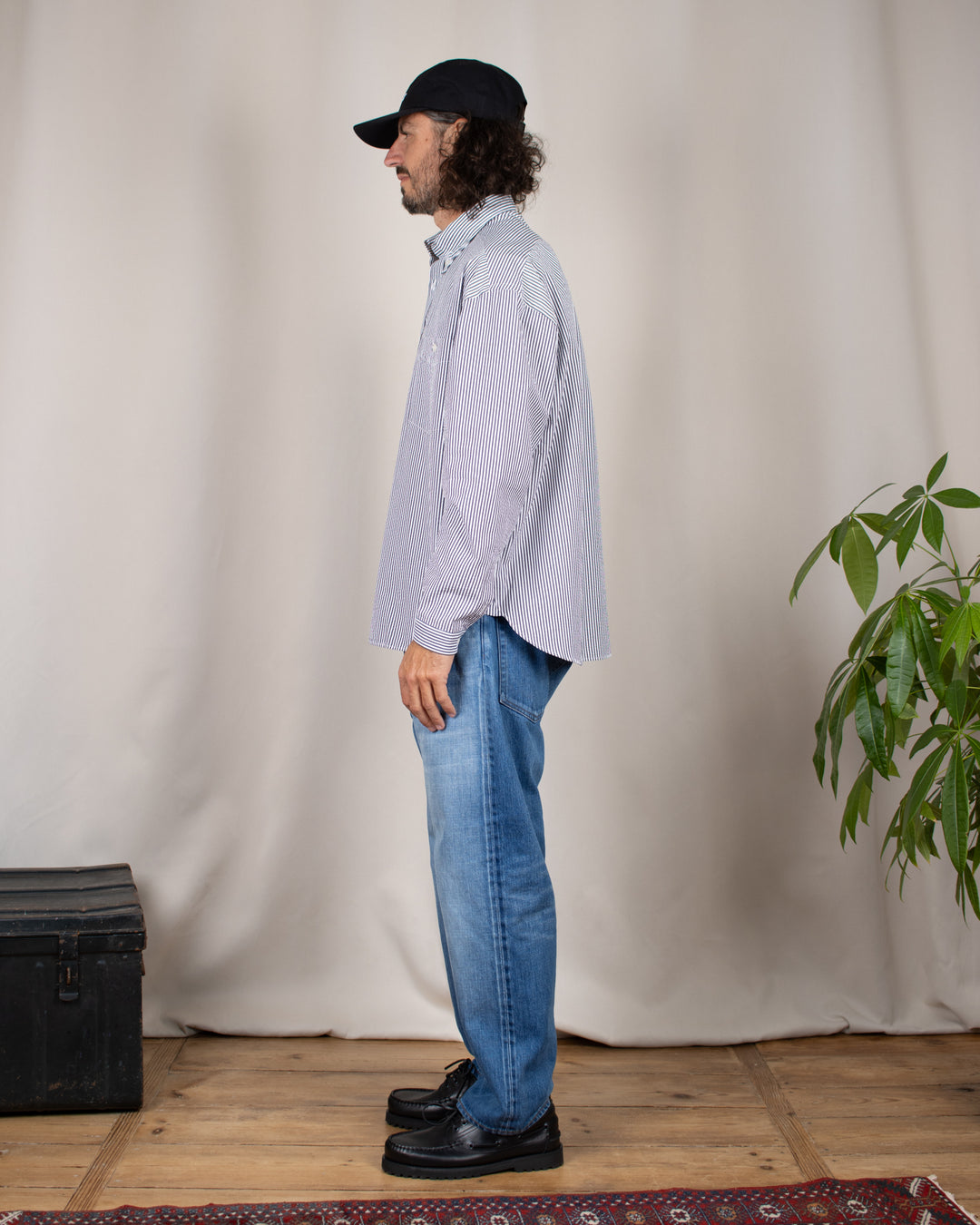 Long Sleeve Baggy Shirt Seersucker Thousand Stripes Black