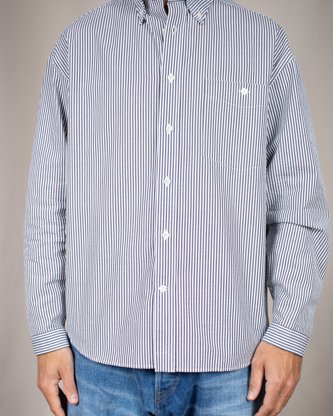 Long Sleeve Baggy Shirt Seersucker Thousand Stripes Black
