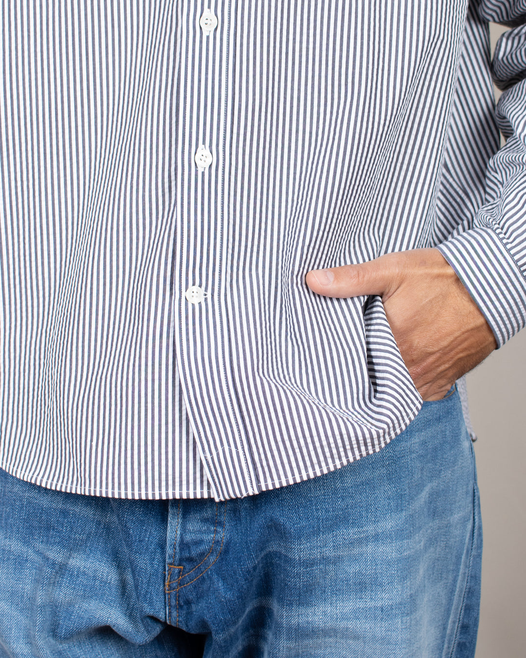 Long Sleeve Baggy Shirt Seersucker Thousand Stripes Black
