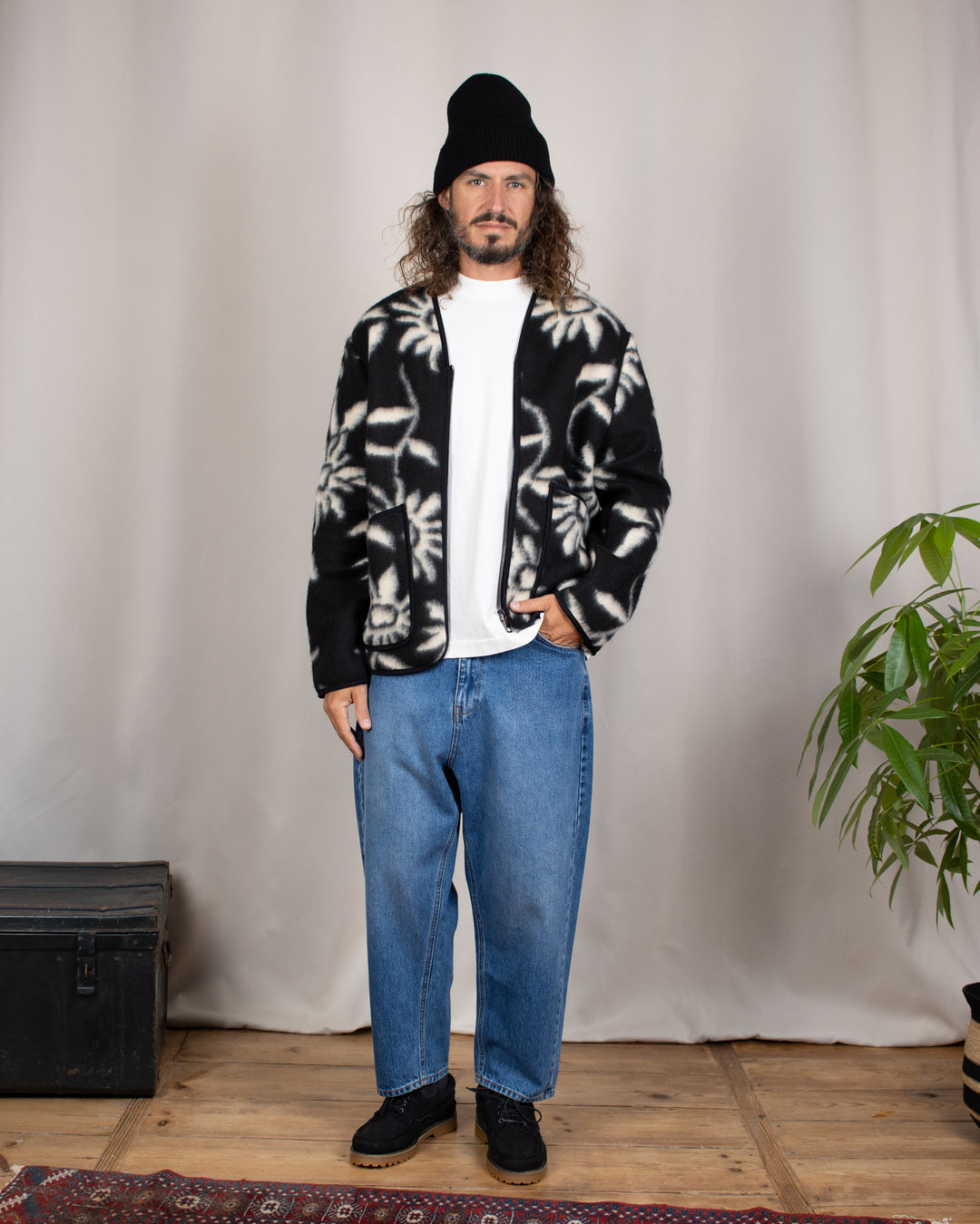 Cameron Wool Fleece Zip Cardigan Nero Fiori