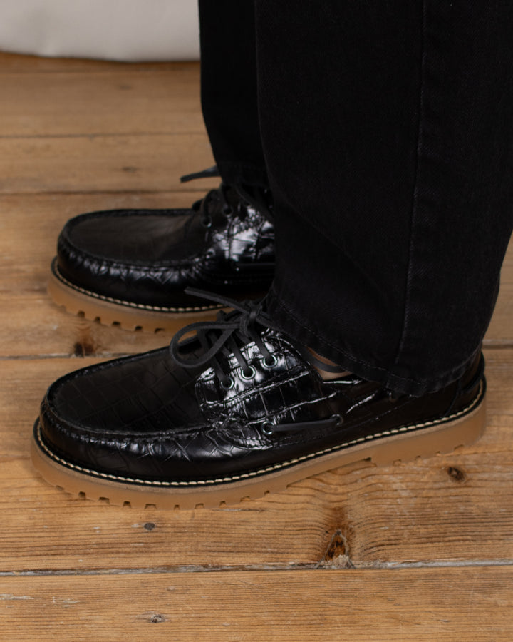 Ollie Boat Shoe Black Croco Leather