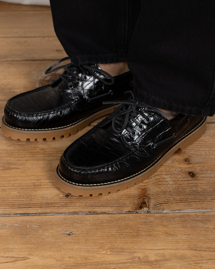 Ollie Boat Shoe Black Croco Leather