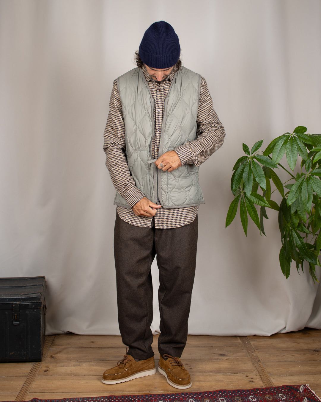 Military V Neck W-Zip Down Vest Dark Sage Green