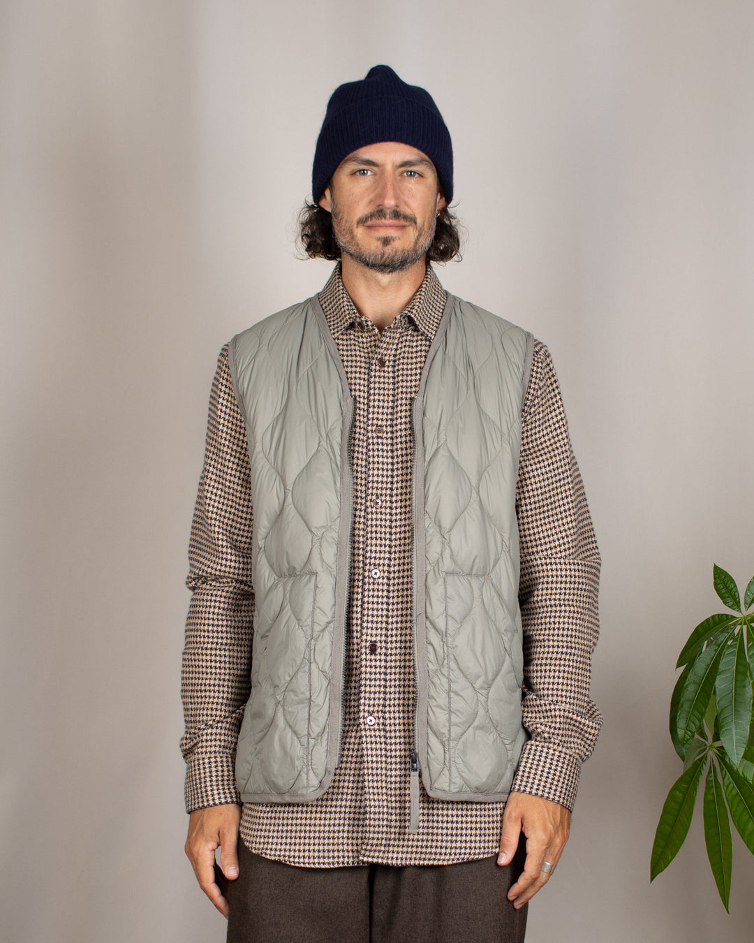 Military V Neck W-Zip Down Vest Dark Sage Green