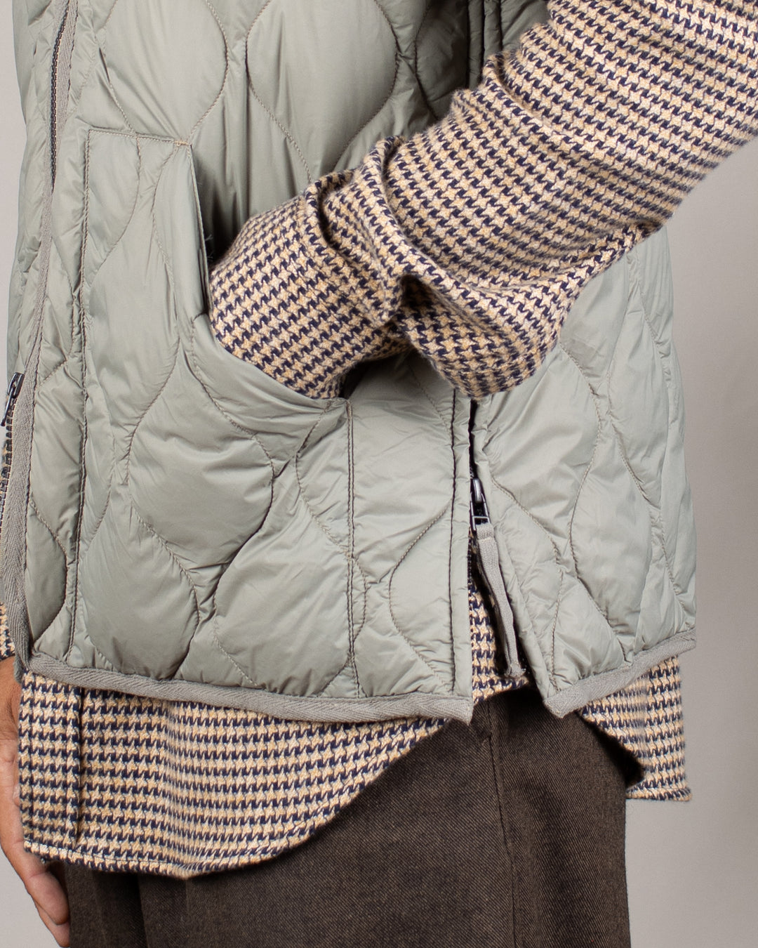Military V Neck W-Zip Down Vest Dark Sage Green