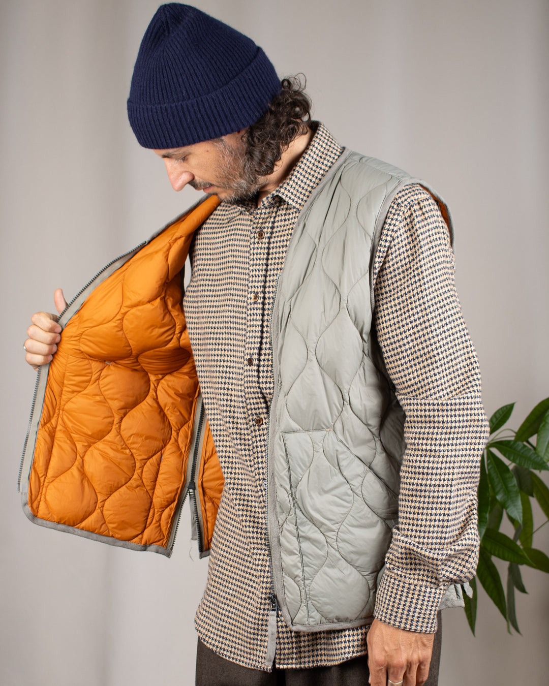 Military V Neck W-Zip Down Vest Dark Sage Green