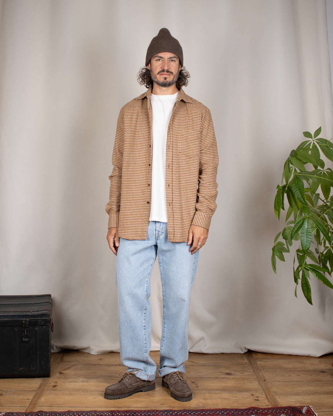 Abstract Pied Poule Flannel Shirt Brown