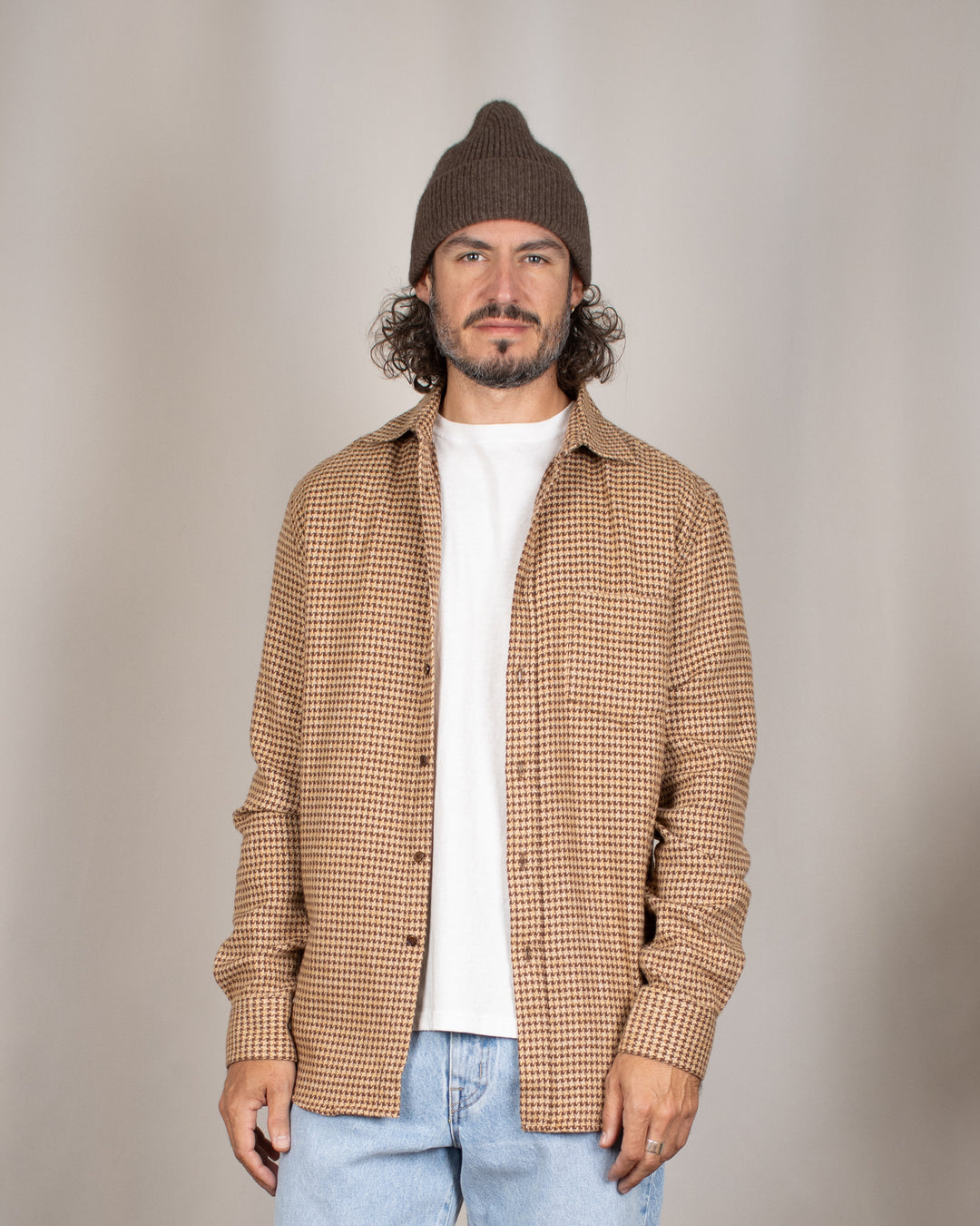 Abstract Pied Poule Flannel Shirt Brown