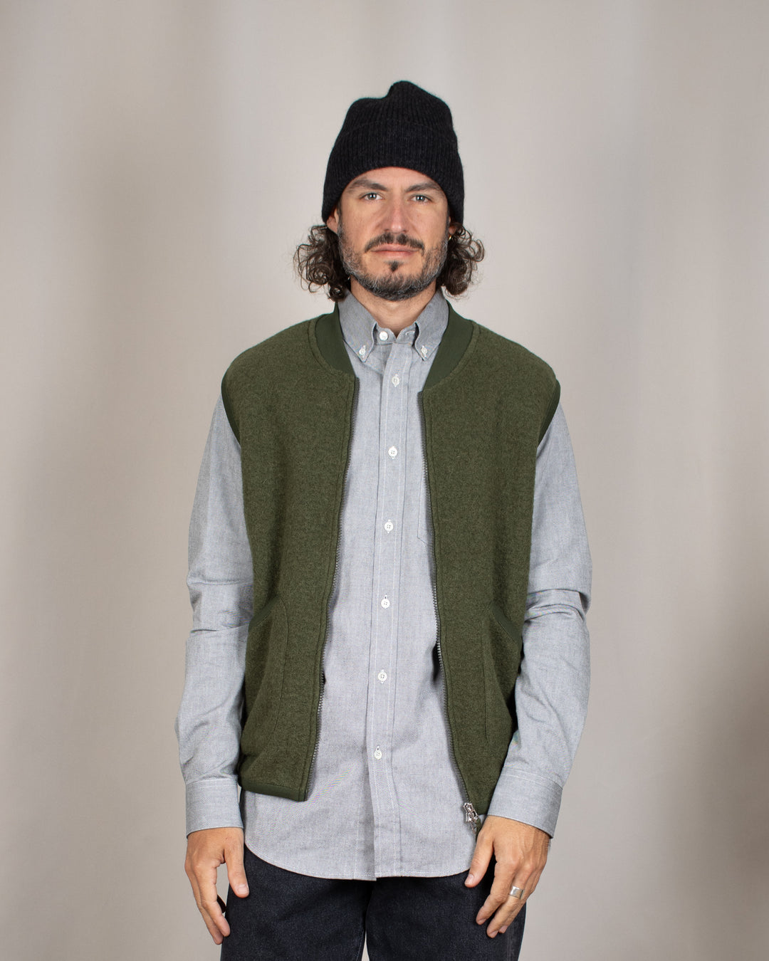 Zip Waistcoat Wool Fleece Olive