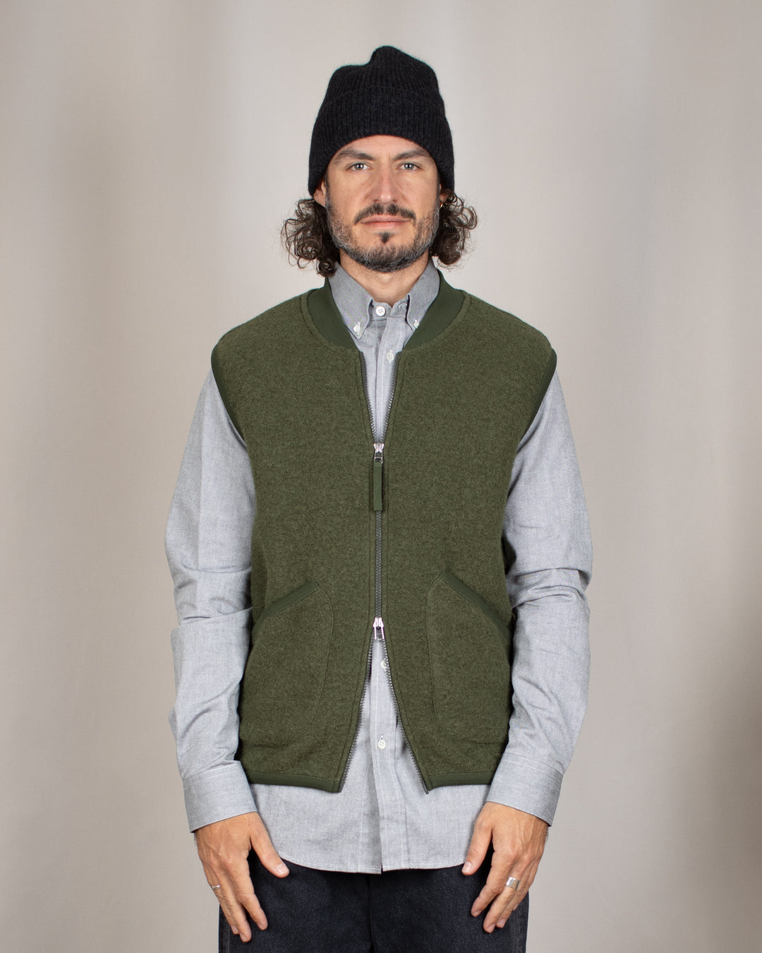 Zip Waistcoat Wool Fleece Olive
