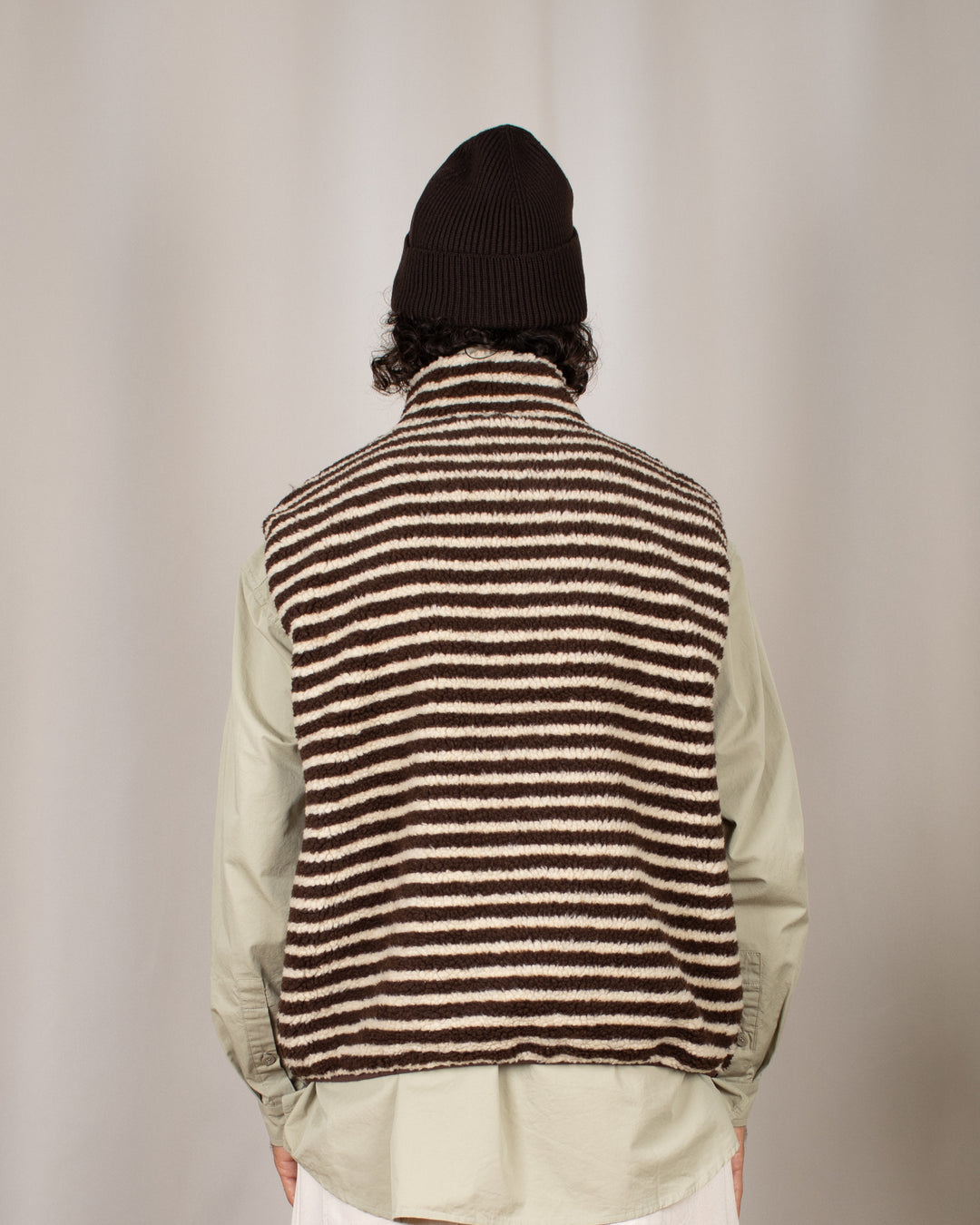 Stripe Fleece Zipper Vest Brown