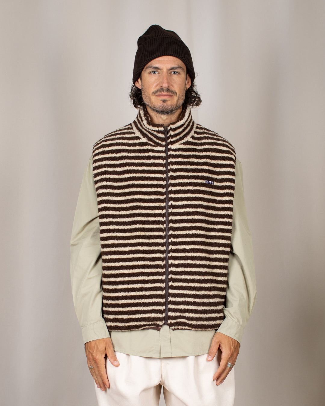 Stripe Fleece Zipper Vest Brown