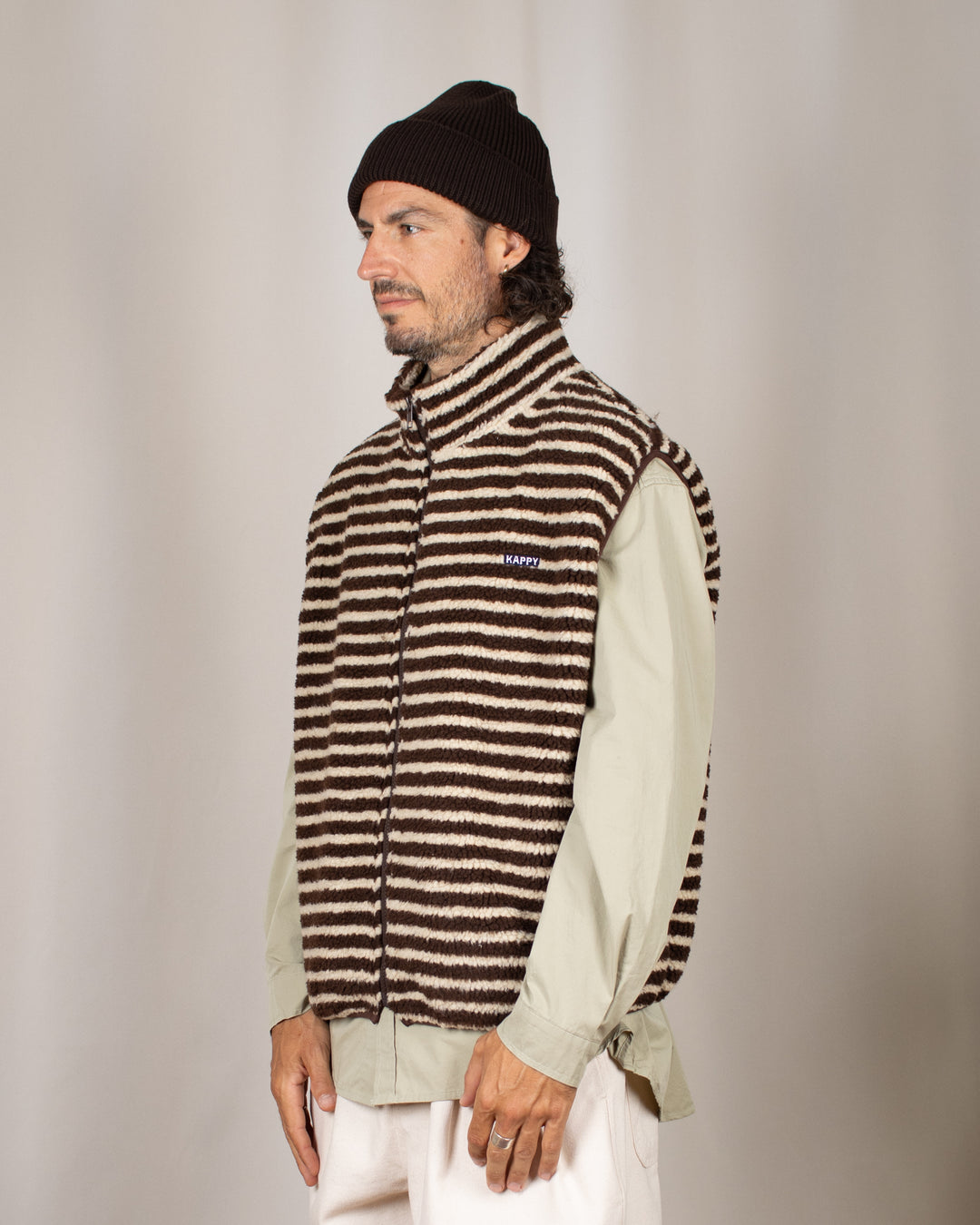 Stripe Fleece Zipper Vest Brown