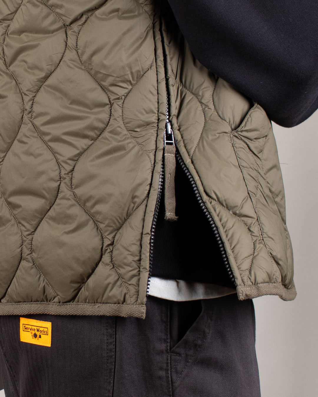 Military V Neck W-Zip Down Vest Dark Olive