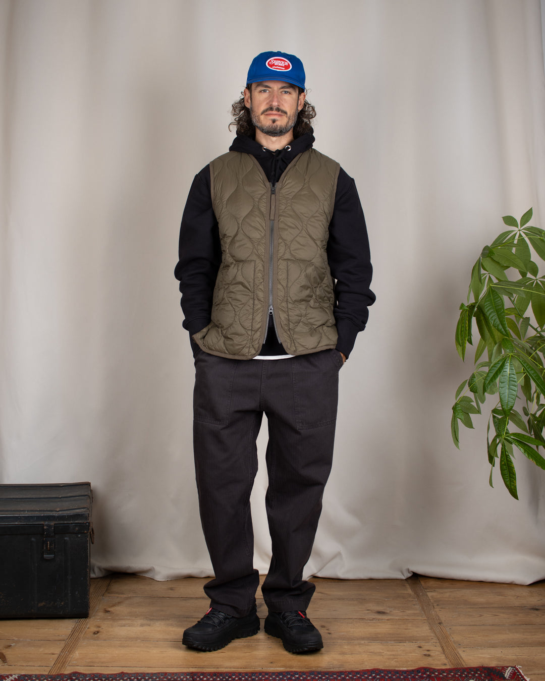 Military V Neck W-Zip Down Vest Dark Olive