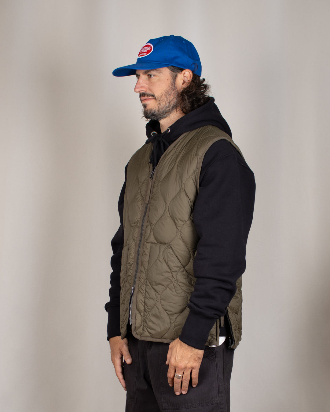 Military V Neck W-Zip Down Vest Dark Olive