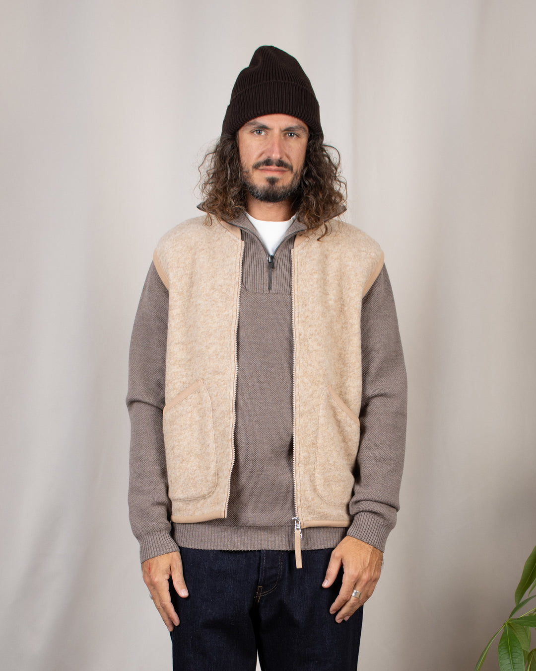 Zip Waistcoat Wool Fleece Fawn