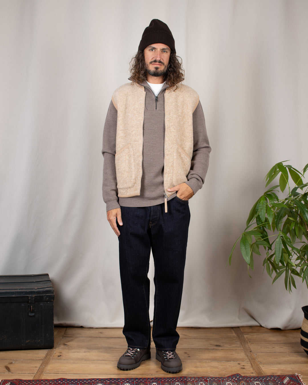 Zip Waistcoat Wool Fleece Fawn