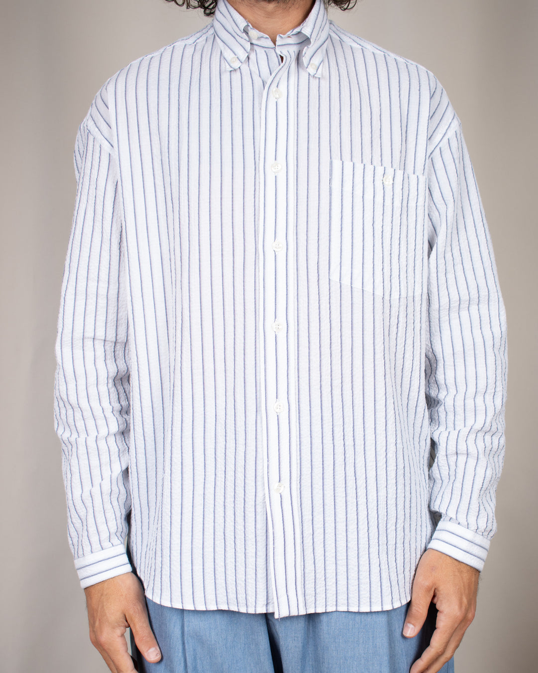 Long Sleeve Baggy Shirt Seersucker Blue Stripes