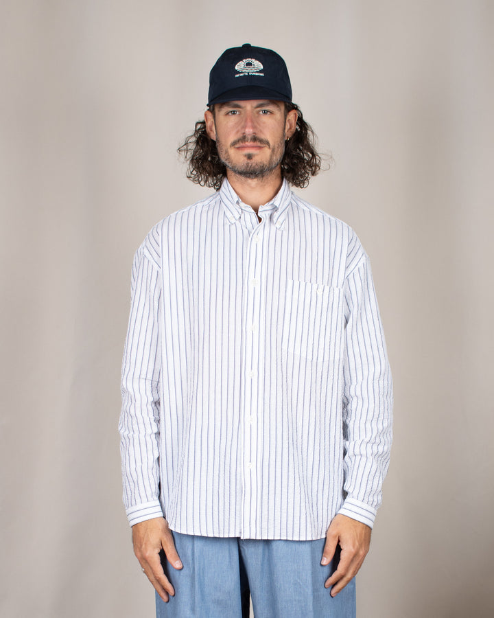 Long Sleeve Baggy Shirt Seersucker Blue Stripes