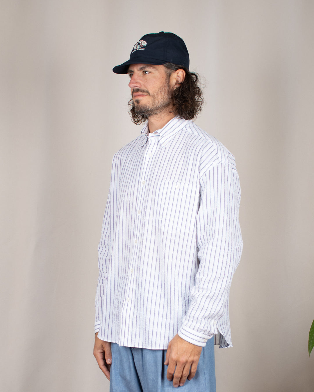 Long Sleeve Baggy Shirt Seersucker Blue Stripes