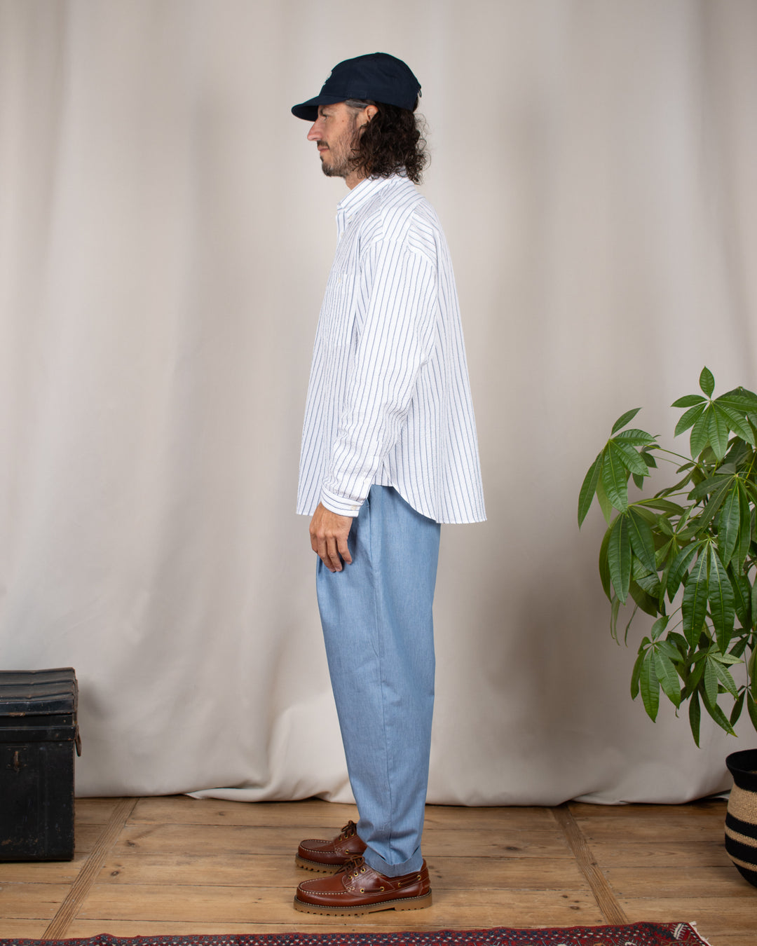 Long Sleeve Baggy Shirt Seersucker Blue Stripes